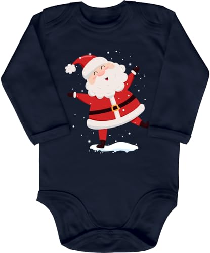 Blauer-Storch Baby Body in Dunkelblau Fröhlicher Weihnachtsmann tanzt im Schnee Nikolaus Santa Claus Geschenk zu Weihnachten für Kleinkind Langarm Bio Baumwolle von Blauer-Storch