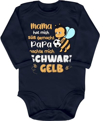 Blauer-Storch Baby Body in Dunkelblau Mama machte mich Süß, Papa Schwarz Gelb Geschenk zum Geburtstag für kleine BVB Borussia Dortmund Fans für Kleinkind Langarm Bio Baumwolle von Blauer-Storch