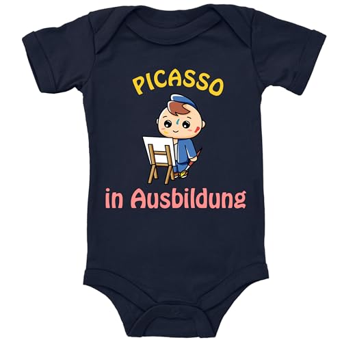 Blauer-Storch Baby Body in Dunkelblau Picasso in Ausbildung, Kleiner Maler und Zeichner Geschenk für den Nachwuchs Maler für Kleinkind Kurzarm Bio Baumwolle von Blauer-Storch