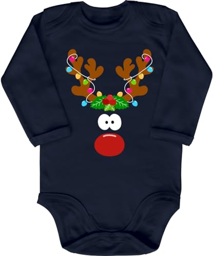 Blauer-Storch Baby Body in Dunkelblau Weihnachten Rentier mit roter Nase und Lichterkette Geschenk zu Weihnachten für Kleinkind Langarm Bio Baumwolle von Blauer-Storch