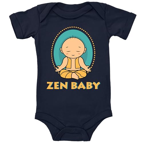 Blauer-Storch Baby Body in Dunkelblau Zen Baby, Meditation Buddha Geschenk zur Geburt für den Yoga Nachwuchs für Kleinkind Kurzarm Bio Baumwolle von Blauer-Storch