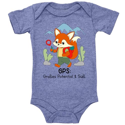 Blauer-Storch Baby Body in Heather Blue GPS: Großes Potential & süß, Kleiner Fuchs wandert in den Bergen Geschenk für Geocaching oder Wander Nachwuchs zur Geburt Kurzarm Bio Baumwolle von Blauer-Storch