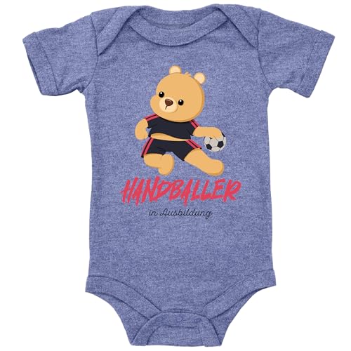 Blauer-Storch Baby Body in Heather Blue Handballer Teddybär in Ausbildung Süßes Handball Geschenk zur Geburt Geburtstag für den Handballspieler Nachwuchs Kurzarm Bio Baumwolle von Blauer-Storch