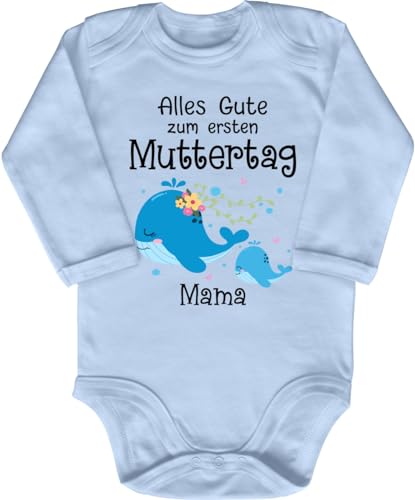 Blauer-Storch Baby Body in Hellblau Alles Gute zum ersten Muttertag, Mama Wal mit Kind Geschenk für die Mutter für Kleinkind Langarm Bio Baumwolle von Blauer-Storch