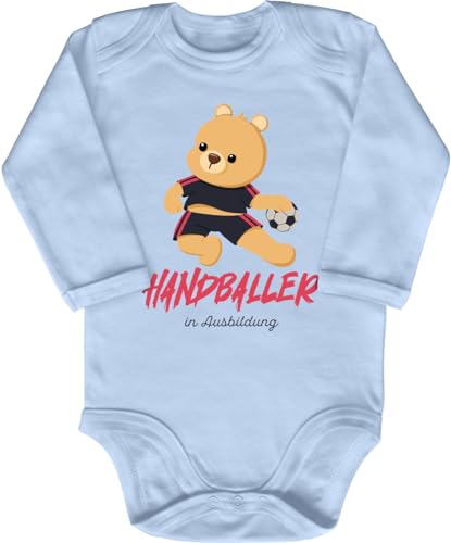 Blauer-Storch Baby Body in Hellblau Handballer Teddybär in Ausbildung Süßes Handball Geschenk zur Geburt Geburtstag für den Handballspieler Nachwuchs Langarm Bio Baumwolle von Blauer-Storch