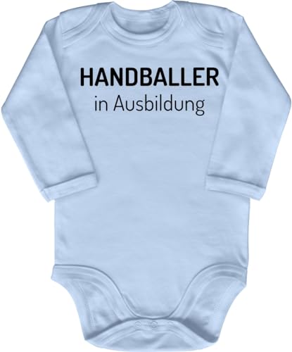 Blauer-Storch Baby Body in Hellblau Handballer in Ausbildung Geschenk für den Handball Nachwuchs zur Geburt oder Geburtstag für Kleinkind Langarm Bio Baumwolle von Blauer-Storch