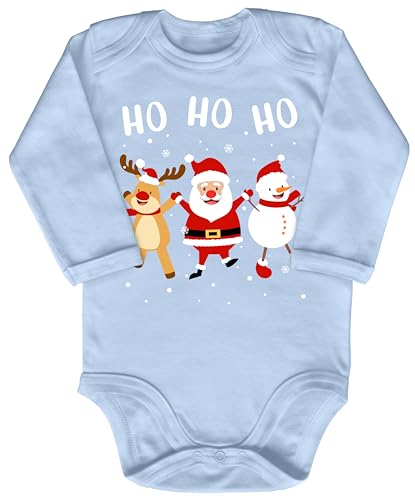 Blauer-Storch Baby Body in Hellblau Ho Ho Ho, Weihnachtsmann Schneemann und Elch Tanzen Geschenk zu Weihnachten, Nikolaus für Kleinkind Langarm Bio Baumwolle von Blauer-Storch