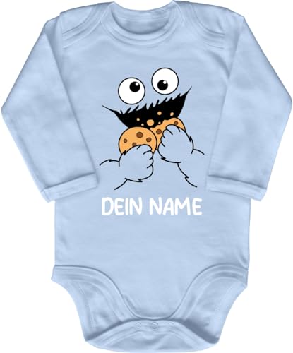 Blauer-Storch Baby Body in Hellblau Krümelndes Monster, Keks-Monster, Kekse, Krümel Spruch Geschenk zur Geburt zum Geburtstag für Kleinkind Langarm Bio Baumwolle von Blauer-Storch