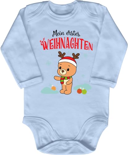 Blauer-Storch Baby Body in Hellblau Mein Erstes Weihnachten, Rentier Teddybär Spruch Geschenk zum ersten Weihnachtsfest für Kleinkind Langarm Bio Baumwolle von Blauer-Storch