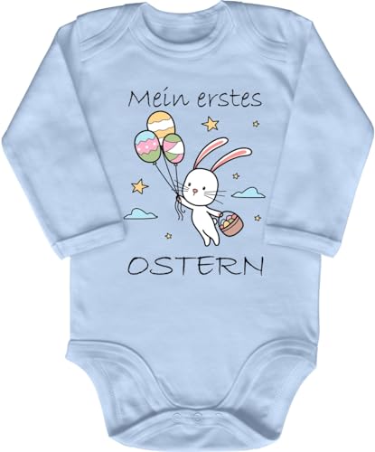 Blauer-Storch Baby Body in Hellblau Mein erstes Ostern, Osterhase fliegt davon Geschenk zum ersten Osterfest für Kleinkind Langarm Bio Baumwolle von Blauer-Storch