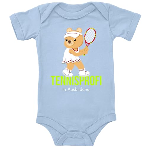 Blauer-Storch Baby Body in Hellblau Tennisprofi Teddybär in Ausbildung Süßes Tennis Geschenk zur Geburt oder Geburtstag für den Tennisspieler Nachwuchs Kurzarm Bio Baumwolle von Blauer-Storch