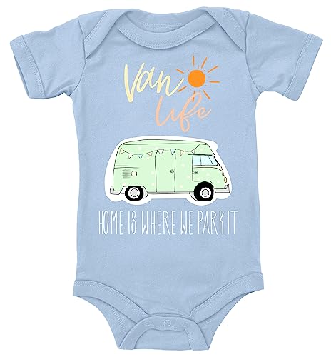 Blauer-Storch Baby Body in Hellblau Van Life, Campingplatz, Home is where we park it Geschenk für kleine Camper Kurzarm Bio Baumwolle von Blauer-Storch