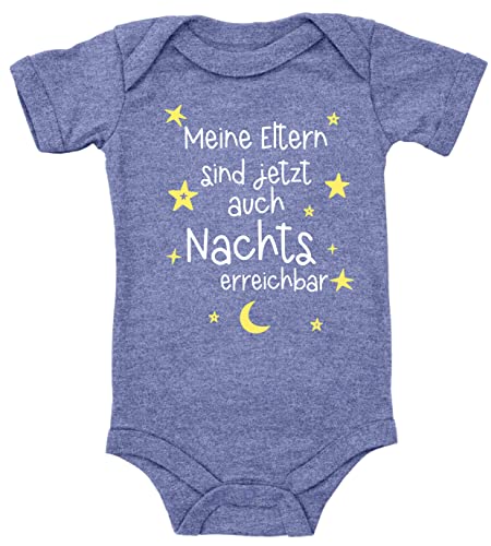 Blauer-Storch Baby Body mit Spruch Meine Eltern sind auch Nachts erreichbar Sterne Mond Geschenk für Kleinkind Kurzarm Bio Baumwolle von Blauer-Storch