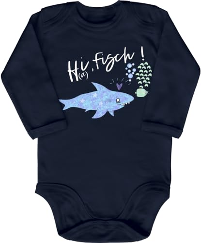 Blauer-Storch Babybody mit Druck Baby Body H(a) i,fisch Hai Meer Geschenk für Kleinkind Langarm Bio Baumwolle von Blauer-Storch