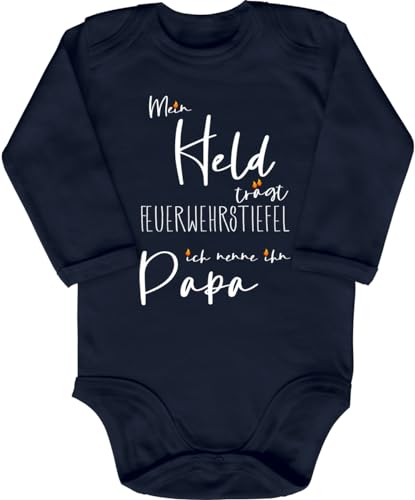 Blauer-Storch Babybody mit Druck Baby Body Mein Held trägt Feuerwehrstiefel ich nenne ihn Papa Feuerwehr Geschenk für Kleinkind Langarm Bio Baumwolle von Blauer-Storch