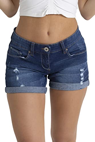 BlauerHafen Damen Denim Shorts Basic in Faded Wash Jeans Bermuda Shorts für Damen Hohe Taille mit Quaste Zerrissenes Loch Essentials Hotpants Denim Shorts (Dunkelblau, 46) von BlauerHafen