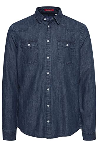 Blend BHNANTES Herren Freizeithemd Hemd Jeans-Look in Washed-Out Optik Reine Baumwolle, Größe:M, Farbe:Denim Dark Blue (200292) von b BLEND