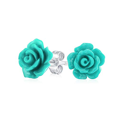 Romantische Zarte Florale 3D-Geschnitzte Teal Aqua Green Rose Blumenstecker Ohrringe Für Frauen Teenager Für Mutter Versilbert von Bling Jewelry