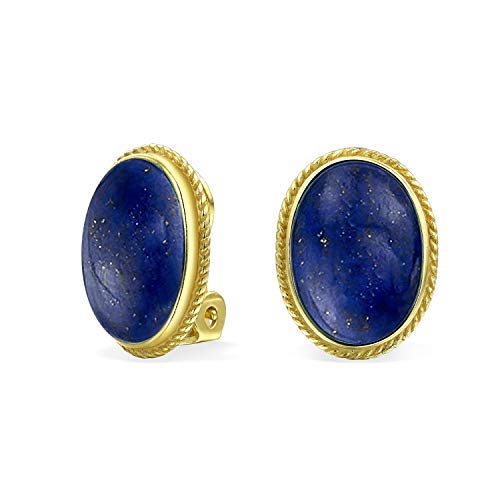 7Ct Oval Cabochon Oval Blau Lapis Azul Seil Kabel Lünette 14K Gold Plattiert .925 Sterling Silber Clip Auf Ohrringe Für Frauen Clip Ist Nur Legierung von Bling Jewelry