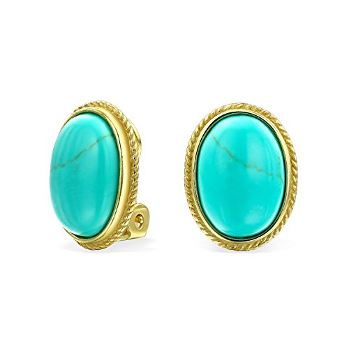 7Ct Oval Cabochon Oval Aqua Blau Stabilisiert Türkis Seil Kabel Lünette 14K Gold Vergoldet .925 Sterling Silber Clip Auf Ohrringe Für Frauen Clip Nur Ist Legierung von Bling Jewelry