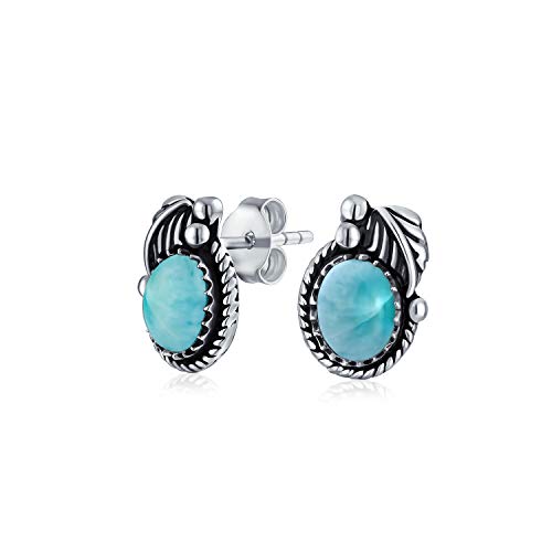 Native American Stil Blau Larimar Edelstein Oval Bezel Leaf Seil Edged Stud Earrings Western Schmuck Für Frauen Oxidiert .925 Sterling Silber von Bling Jewelry