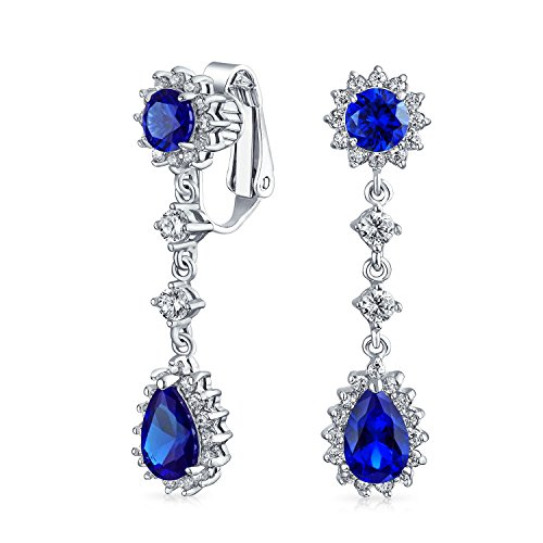 Vintage Stil Bräutigam Simulierten Blauen Saphir Anweisung Pave Krone Halo Kubischer Zirkon AAA CZ Lange Baumelnd Ovale Träne Kron Clip Auf Ohrringe Für Frauen Nicht Durchbohrt von Bling Jewelry