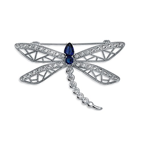 Antiker Stil Simulierter Saphirblauer Kubikzirkonia CZ Statement Schmetterling Libelle Glühwürmchen Filigrane Brosche Schalnadel Für Frauen Versilbert von Bling Jewelry