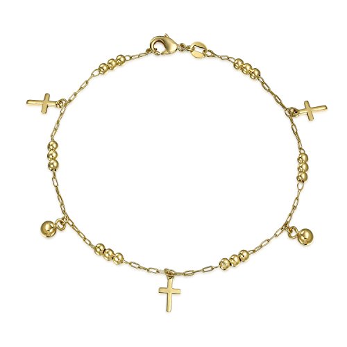 Bling Jewelry Christliche Religiöse Spirituelle Perlen Gsperrenen Baumeln Charmee Multi Cross Fußkettchen Knöchel-Armband Für Frauen Teens 18K Gold Plattiert Messing 10 Zoll von Bling Jewelry