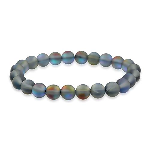 Bling Jewelry Regenbogen Schillernde Kreierte Blaue Mondstein-Rundperlen 8MM Stapelarmband Mit Stretchband Für Frauen Männer Jugendliche Und Unisex von Bling Jewelry