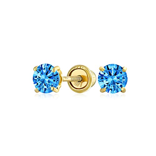 Minimalistischer Winziger Cubic Zirkonia London Blau Simulierter Blautopas Cz Runder Solitär Ohrstecker Echte 14K Gelbgold Schraube Zurück 3Mm von Bling Jewelry