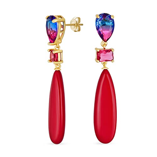 Einzigartige geometrische lineare rote Türkis längliche flache Teardrop Rechteck Multi Form Regenbogen Rosa CZ & 3 Multi-Tier natürliche Edelstein Party Dangling Ohrringe für Frauen Silber vergoldet von Bling Jewelry