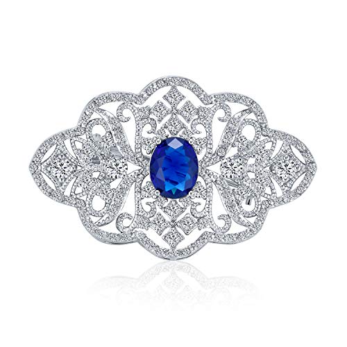 Große Vintage Nachlass-Schmuck Simulierte Royal Blue Sapphire Aaa Cz Filigree Statement Art Deco Stil Brosche Pin Für Frauen Silber Vergoldet von Bling Jewelry