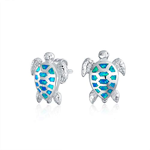 Nautische Tropischen Strand Urlaub Schillernde Blau Erstellt Opal Inlay Meer Schildkröte Ohrstecker Für Frauen Teenager .925 Sterling Silber 13Mm von Bling Jewelry