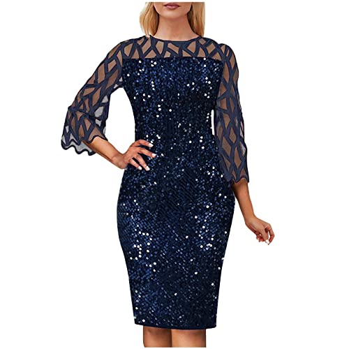 Blingko Festliche Kleider Für Damen Einfarbig Glitzerkleid Festliches Ballkleid Lässig Rollkragenkleid Trägerlose Chiffonkleid Knielang Hochzeitskleid Sommerkleid, Marine, M von Blingko