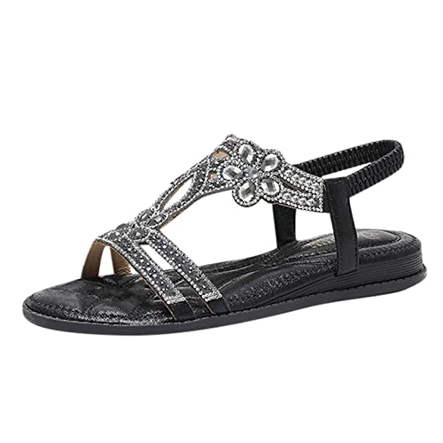 Blingko Flache Sandalen Damen Strass Bohemia T-Riemen Frauen Sandalen Weichen Sohlen Sommerschuhe Gummiband Slingback Zehentrenner Sandalen Mädchen Strandschuhe von Blingko