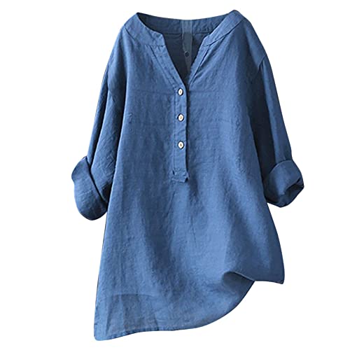 Blingko Leinen Bluse Damen Leinenhemd Button-Down-Bluse Stehkragen Leinenbluse Lose Longshirt Lässiges Oberteile Lang Tops Einfarbig Blusen Hemd Shirt Frühling Sommer Damenbluse Hemdbluse Sommertops von Blingko