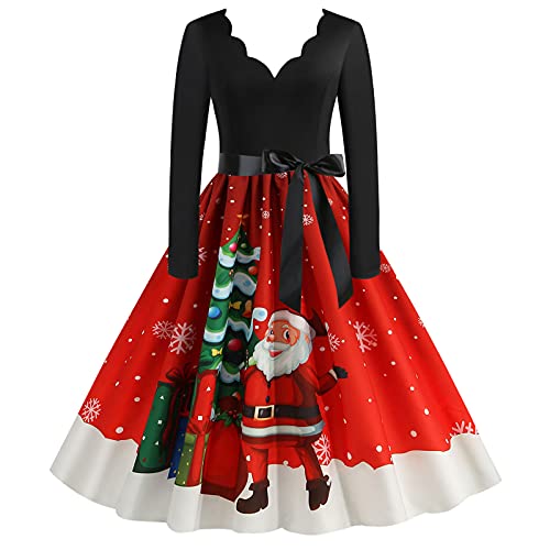 Damen Weihnachtskleid Christmas Kostüm: Vintage Retro A-Linie Elegant Lange Ärmel Xmas Printed Skater Kleider Weihnachten Kostüm Cocktailkleid Party Kleid Karneval Festival von Blingko