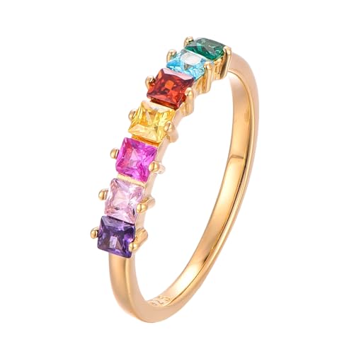 BlinqBlinq Eleganter 925 Silber Ring 18K vergoldet Regenbogen Zirkonia Steinen GeschenkBox Größen 50 52 54 56 58 60 Damen Ring Gold Wasserfest Pride Ring Damen Goldschmuck Bath 60 von BlinqBlinq