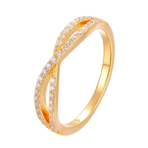 Eleganter 925 Silber Ring 18K vergoldet mit Zirkonia Steinen in Geschenk Box - Größen 50, 52, 54, 56, 58, 60 - Damen Ring Gold Wasserfest - Goldschmuck Sterling Silber - Valencia (50) von BlinqBlinq