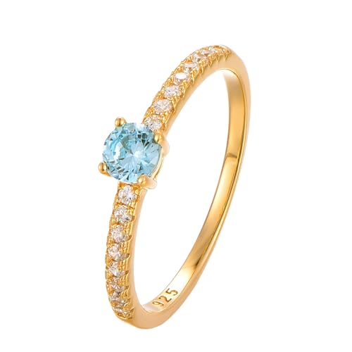 Eleganter 925 Silber Ring 18K vergoldet mit blauem Zirkonia Stein in Geschenk Box - Größen 50, 52, 54, 56, 58, 60 - Damen Ring Gold Wasserfest - Goldschmuck Sterling Silber - Oulu (60) von BlinqBlinq