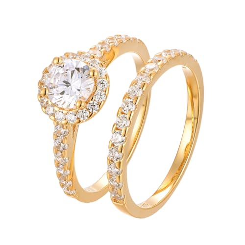 BlinqBlinq Elegantes 925 Silber Ring Set 18K vergoldet mit Zirkonia Steinen in Geschenk Box 2 Ringe Größen 50 52 54 56 58 60 Vorsteckring Damen Ring Gold Wasserfest Goldschmuck Riga 58 von BlinqBlinq