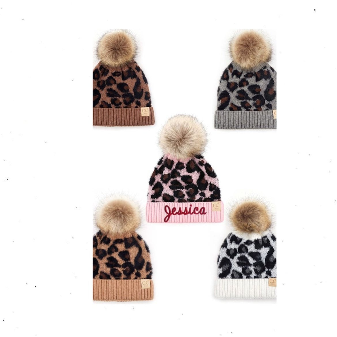 Bestickte Kinder Leopard Print Mütze Mit Bommel Gepard Gestickt Name Monogramm Hut Kunstpelz Pom Püppchen von BlossomButtercupShop