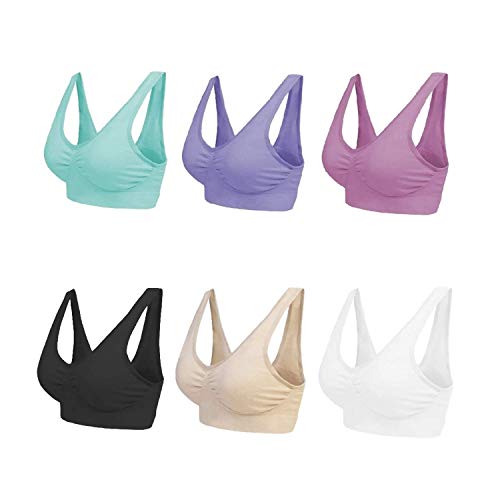 Blu Apparel Damen 3er-, 6er- oder 9er-Pack Nahtlose BHS, Nicht gepolsterter Komfort-BH für den Alltag, ohne Bügel oder BH-Top, Yoga-Gymnastik - Schwarz/Weiß/Haut/Aqua/Rosa/Flieder - XXL von Blu Apparel