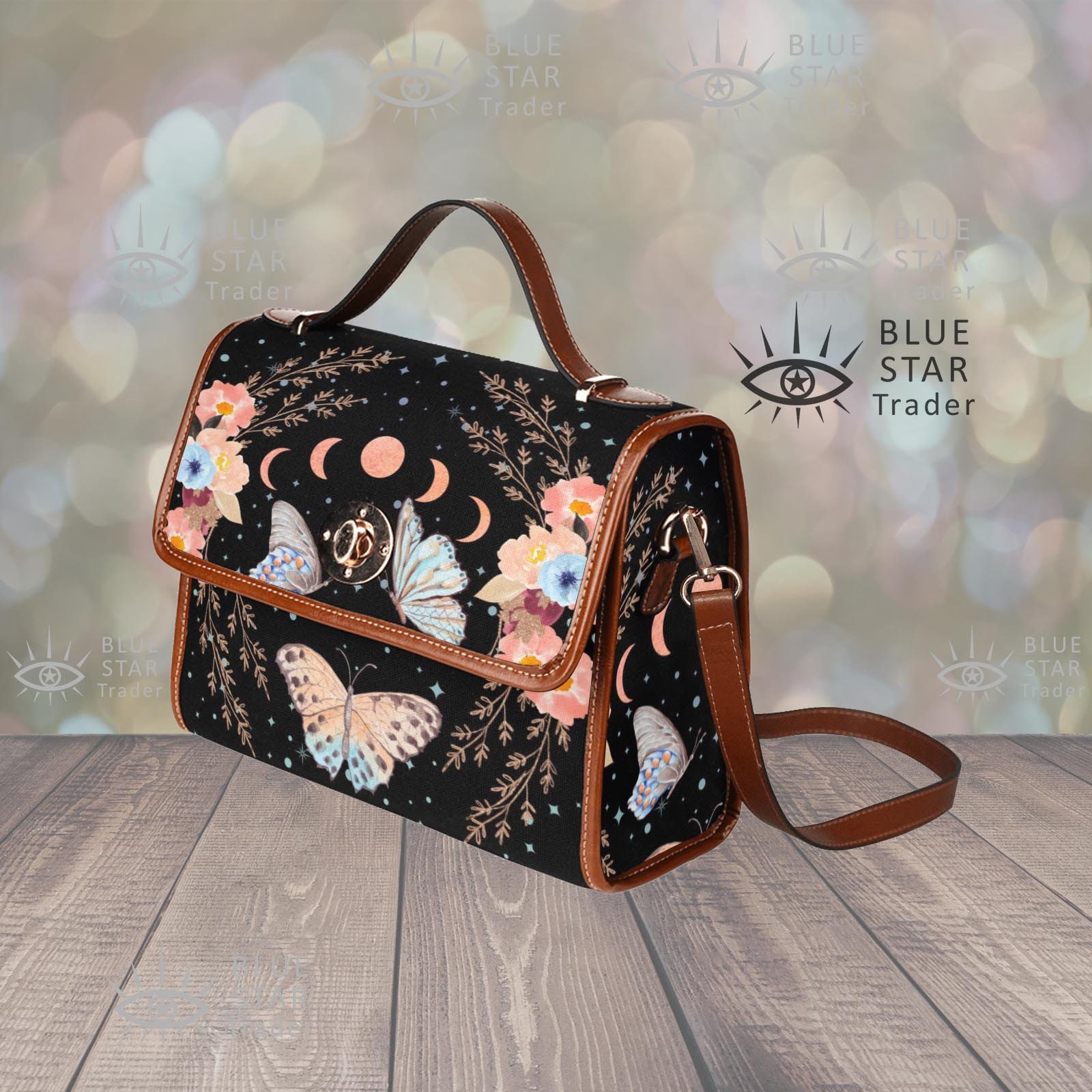 Schmetterling Mond Phasen Canvas Tasche, Pfirsich Floral Goblincore Hexe Tasche Frauen Cross Body Geldbörse Cottagecore Schultertasche Schmetterlinge von BlueStarTrader