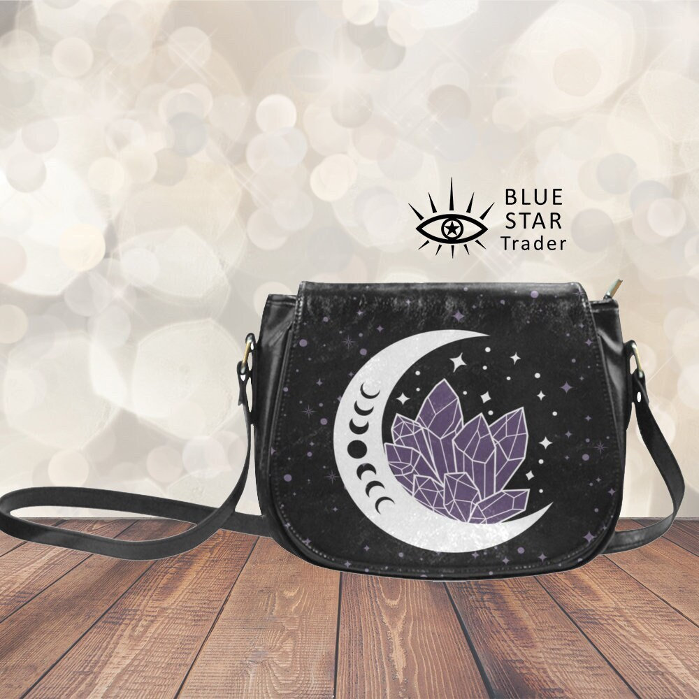 Umhängetasche, Hexe Kristalle Mond Schultertasche, Lila Amethyst Kristalle, Umhängetasche von BlueStarTrader