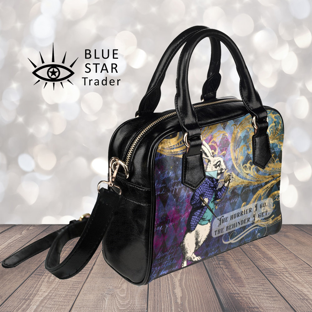 Weiße Kaninchen Handtasche, Dunkle Alice Im Wunderland Lila Schultertasche, Vegane Geldbörse Umhängetasche Goth Tasche von BlueStarTrader