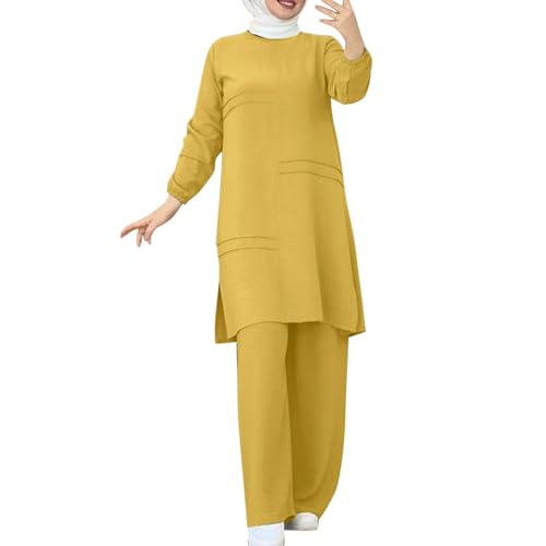 Bluelucon Damen Kleid Muslimisches Einfarbig zweiteiliges Set,damen Lose hose und Komfortabel top Islamisches kleidung kostüm damen elegant 2 teiler Gelb,S von Bluelucon