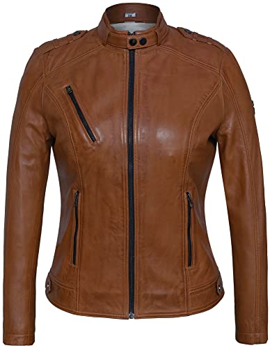 Blueorn Anneli Damen Lederjacke Bikerjacke – Moderner Echt Leder Jacke Übergangsjacke Stehkragen mit Druckknopf Schwarz-Cognac von Blueorn