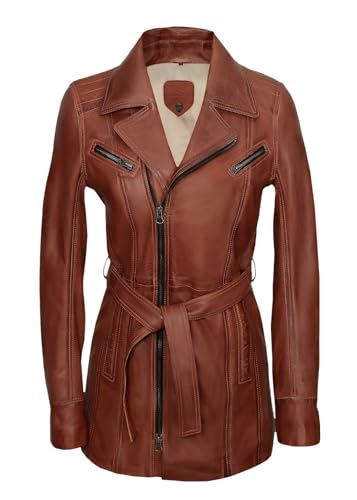 Blueorn Elin Damen Ledermantel Kurzmantel Lamb Nappa Echtleder- Übergans Mäntel Frauen mit Ledergürtel Reverskragen Cognac-Schwarz Blueorn Elin Damen Ledermantel Kurzmantel Lamb Nappa Echtleder- Übergans Mäntel Frauen mit Ledergürtel Reverskragen Cognac-Schwarz von Blueorn