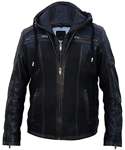 Blueorn Herren Lederjacke Hinrik Bikerjacke-Echt-Leder-Freizeitjacke gefütterte Übergangsjacke - Vintage Steppjacke mit Abnehmbarer Kapuzen-Hoodie (as3, alpha, x_l, regular, regular, Schwarz, XL) von Blueorn